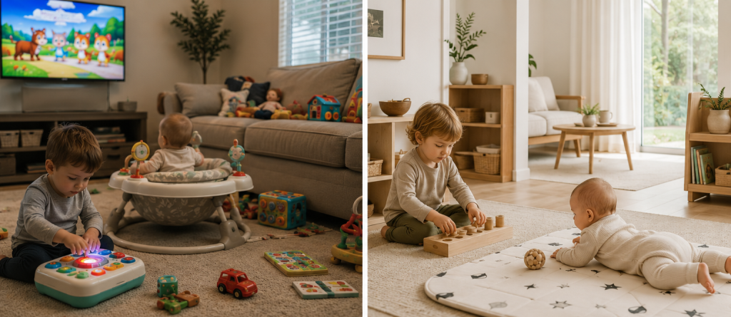 A living room with two young children playing: one toddler explores a colorful audio toy on the floor, while a baby sits in a play bouncer. A TV screen in the background displays animated characters, and various toys are scattered around.