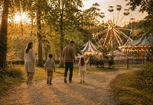 A family walking toward a fairground at golden hour